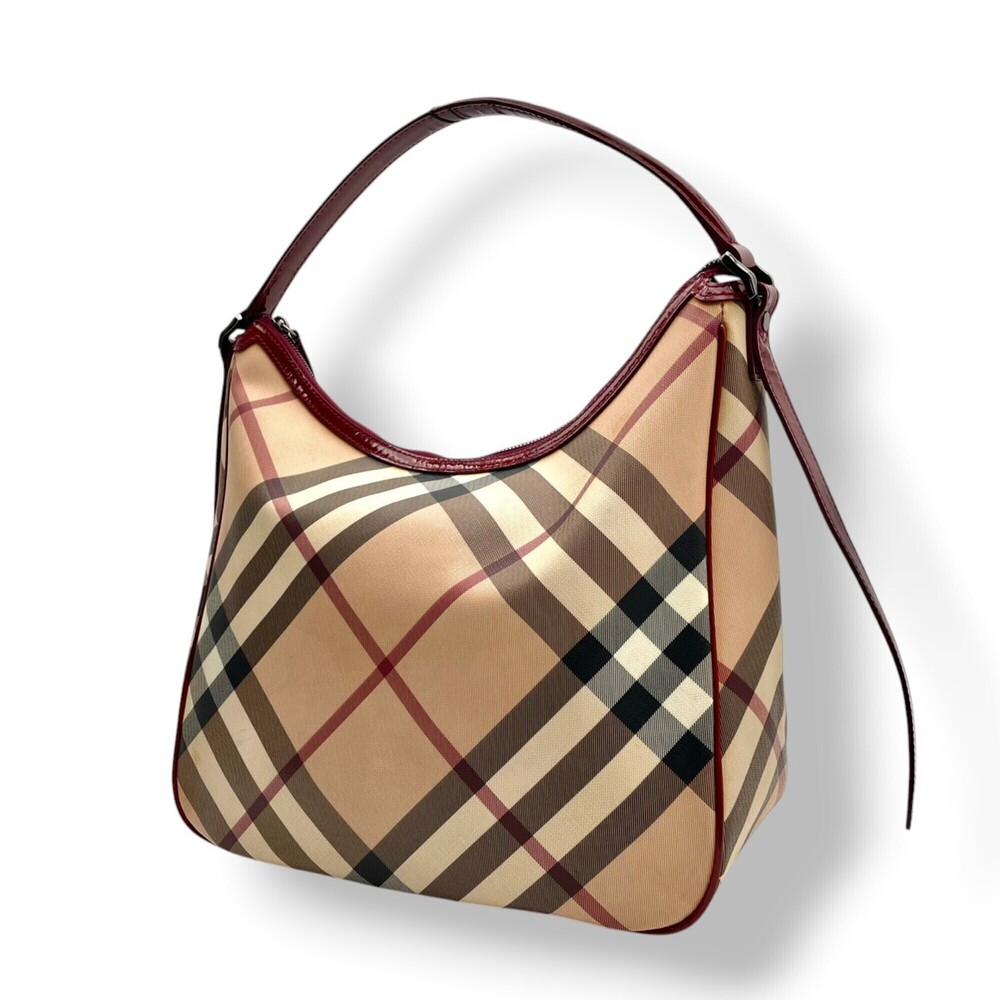 BURBERRY Shoulder Bag Hobo One Nova Check Leather Beige Wine Red Bordeaux Wom...